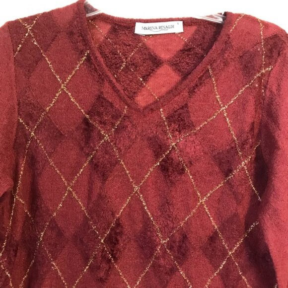 Marina Rinaldi Argyle Metallic Textured Mohair Wool Blend Crew Soft Sweater Top - Picture 4 of 16